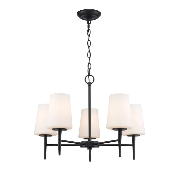 5-light black chandelier with white tapered glass shades for modern dining or living room lighting