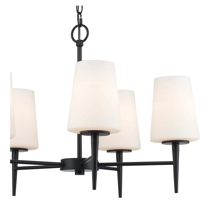 5-light black chandelier with tapered arms and white glass shades for modern dining room lighting