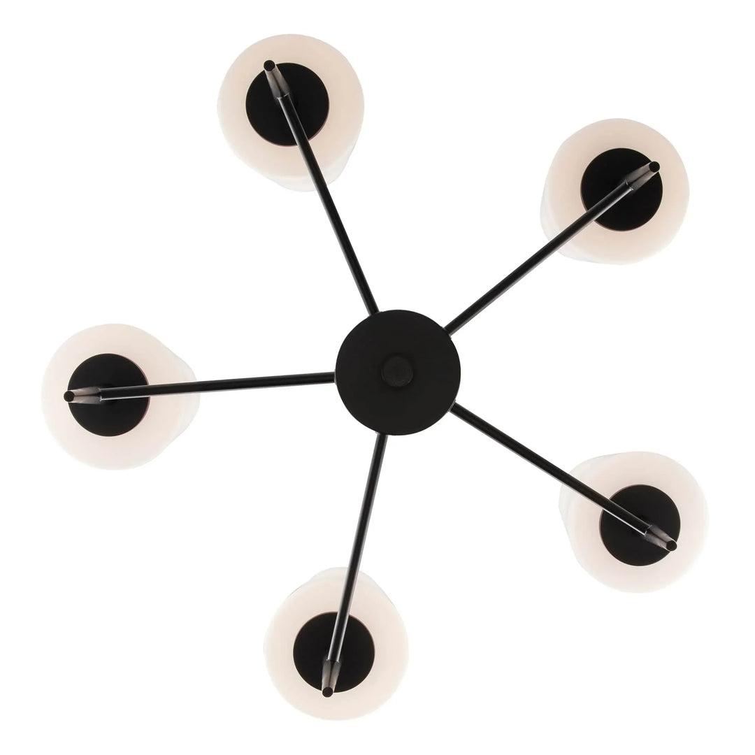 5-light black chandelier with tapered stems and round white shades for modern home lighting