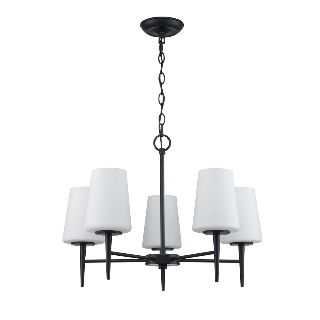 5-light black chandelier with tapered stem and white shades for modern dining or living rooms