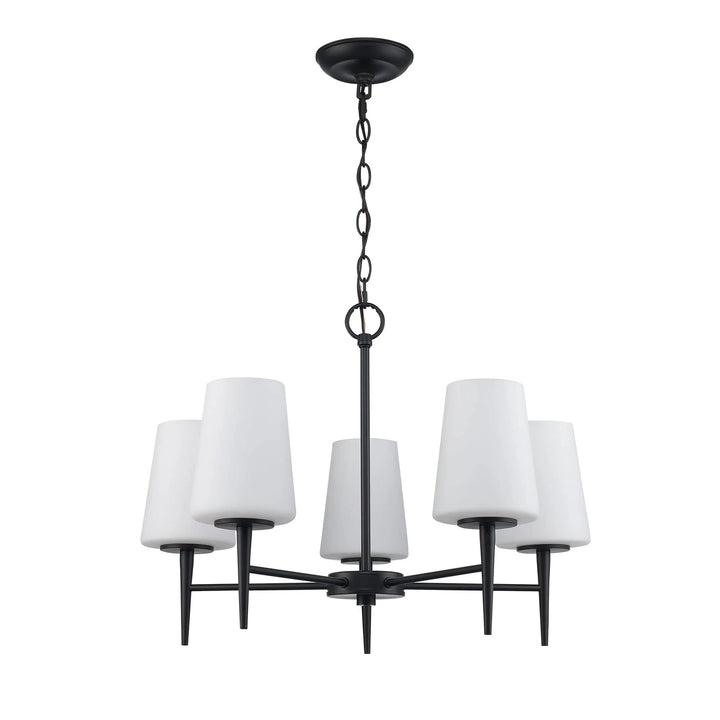 5-light black chandelier with tapered stem and white shades for modern dining or living rooms