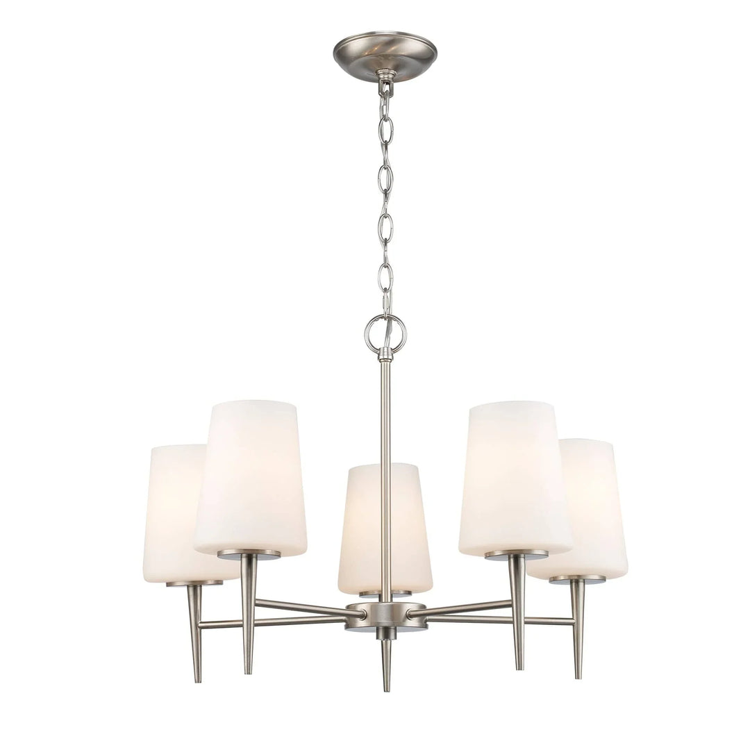 5-light brushed nickel chandelier with frosted glass shades for modern dining room lighting