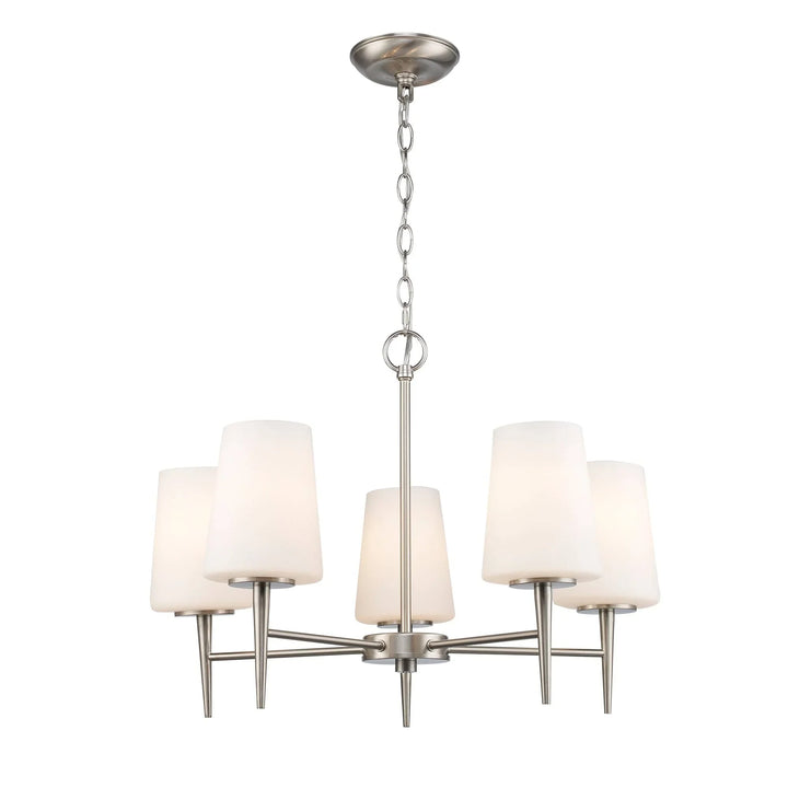 5-light brushed nickel chandelier with frosted glass shades for modern dining room lighting
