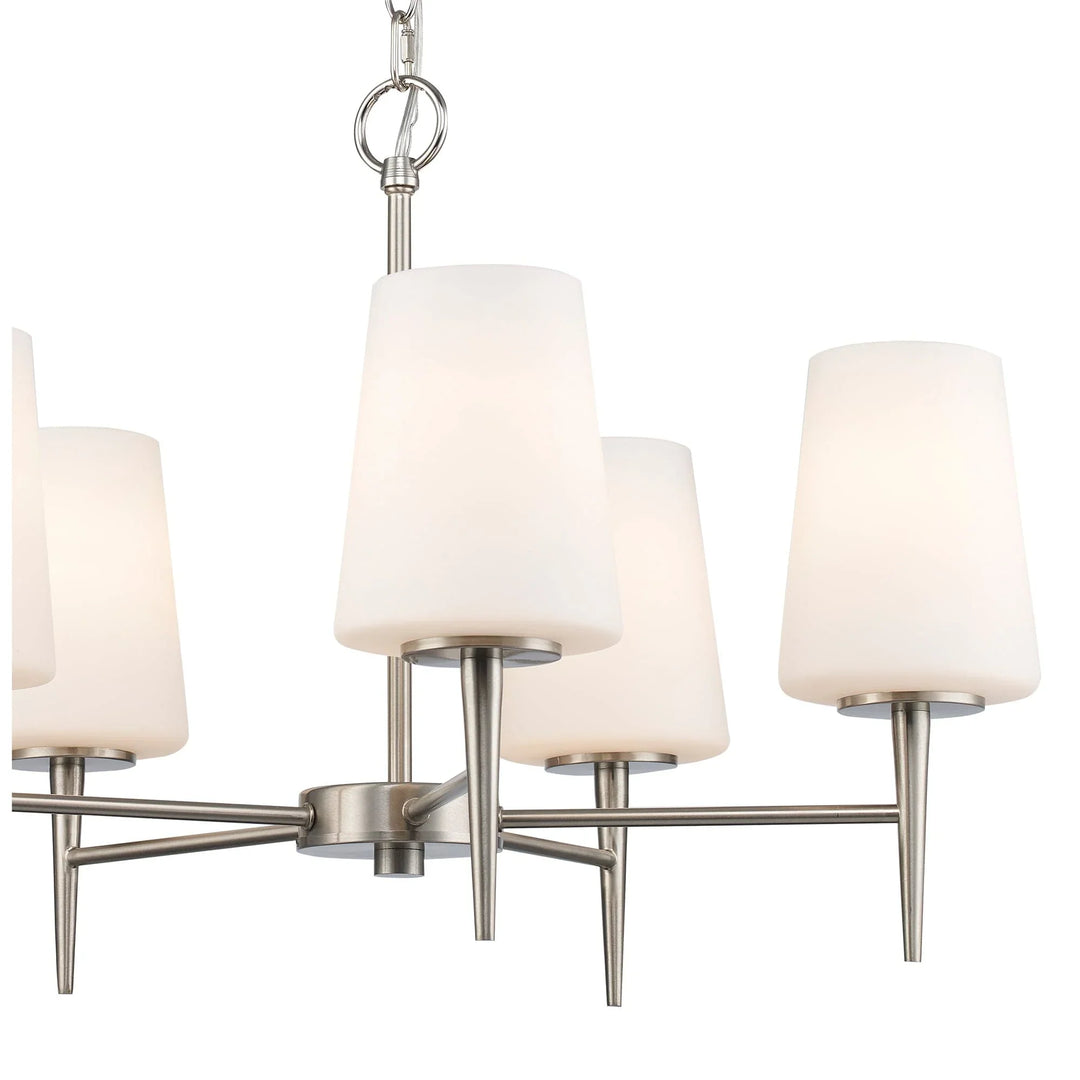 5-light chandelier with brushed nickel finish and tapered frosted glass shades for dining room