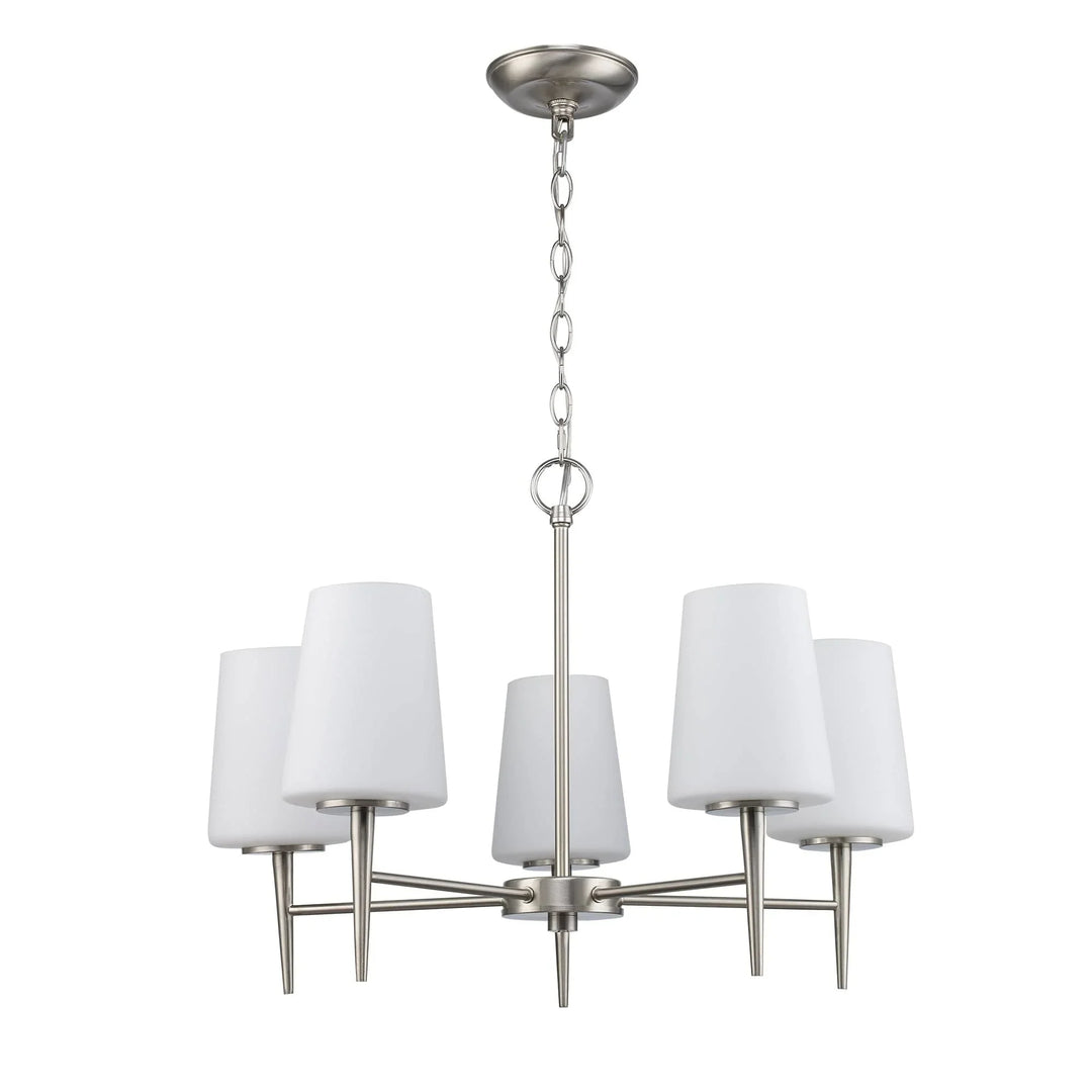 Five-light brushed nickel chandelier with white tapered shades for modern dining room lighting