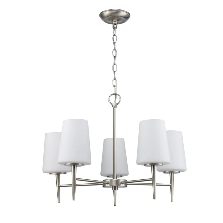 Five-light brushed nickel chandelier with white tapered shades for modern dining room lighting