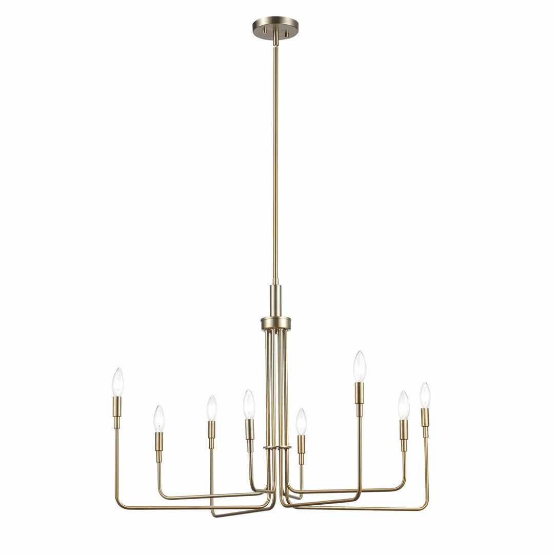 Modern gold chandelier with eight candle-style lights for dining room or entryway lighting