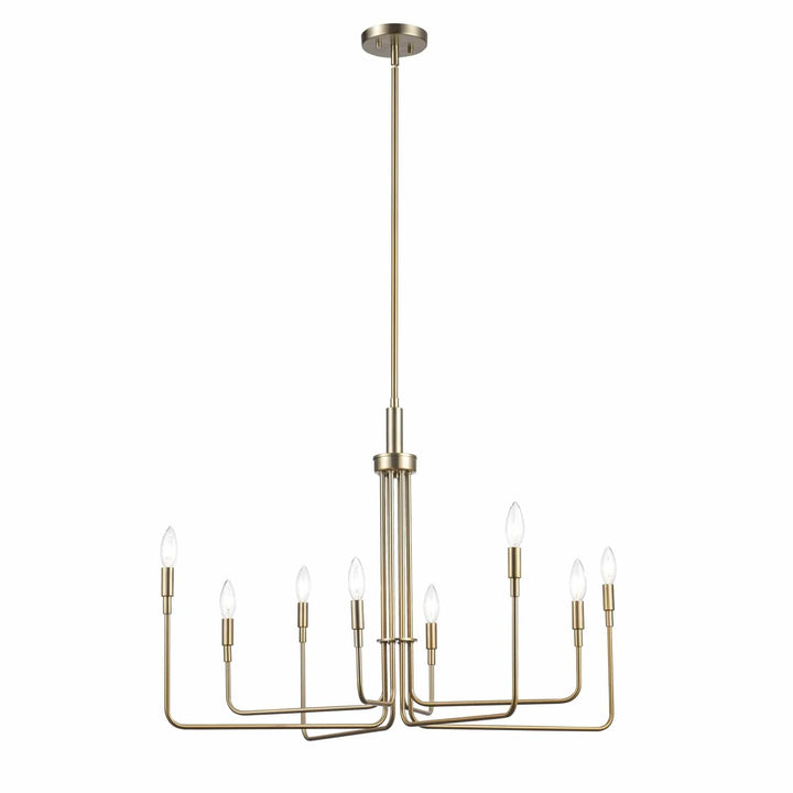 Modern gold chandelier with eight candle-style lights for dining room or entryway lighting