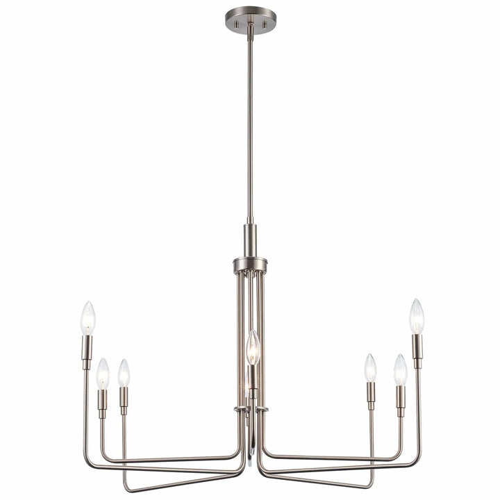 Modern candle-style chandelier with five lights in brushed nickel for dining room or foyer lighting