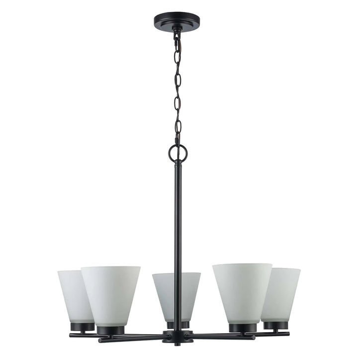 5-light black chandelier with white glass shades for dining room or living room ceiling lighting