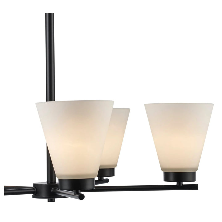 Modern 5-light black chandelier with frosted glass shades for dining room or living room lighting
