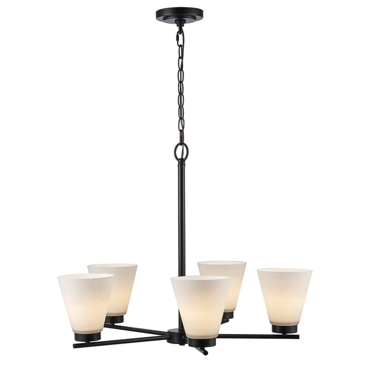 5-light black chandelier with frosted glass shades for modern dining room or kitchen lighting
