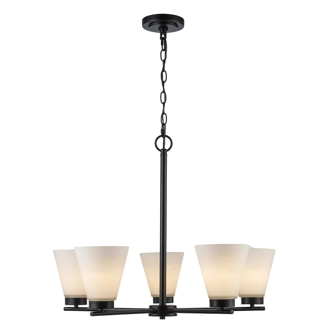 5-light black chandelier with frosted glass shades for dining room or modern living space lighting