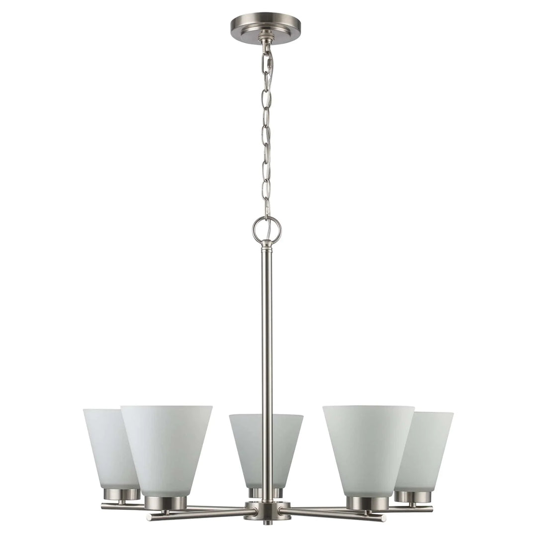 5-light chandelier with brushed nickel finish and white glass shades for dining room lighting