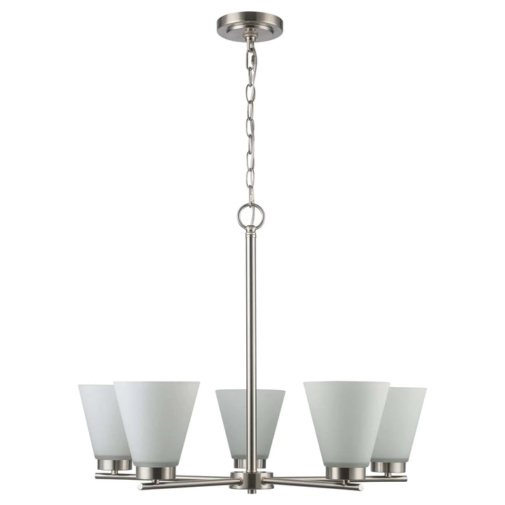 5-light chandelier with brushed nickel finish and white glass shades for dining room lighting