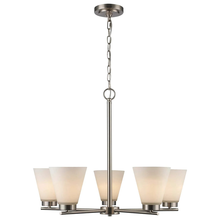 5-light brushed nickel chandelier with frosted glass shades for modern dining or living rooms