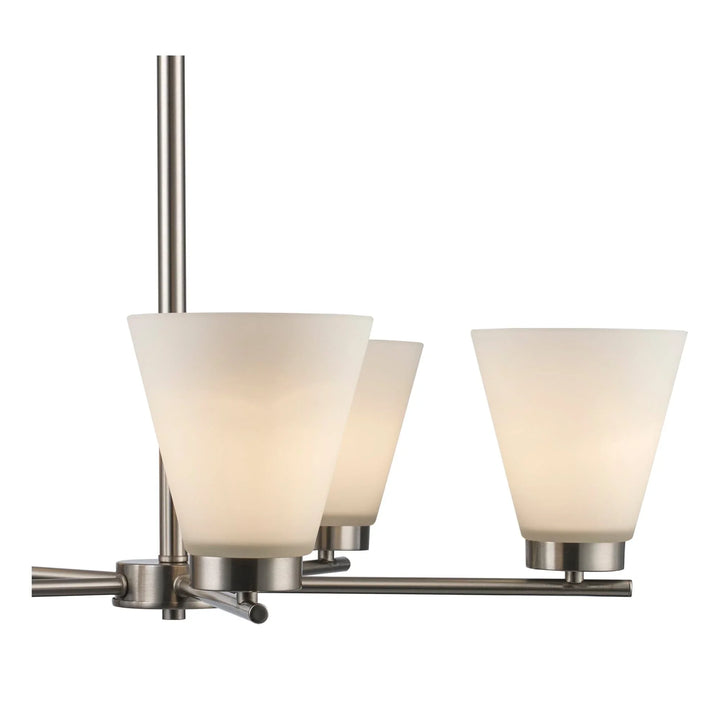 Modern five-light brushed nickel chandelier with frosted glass shades for dining room lighting