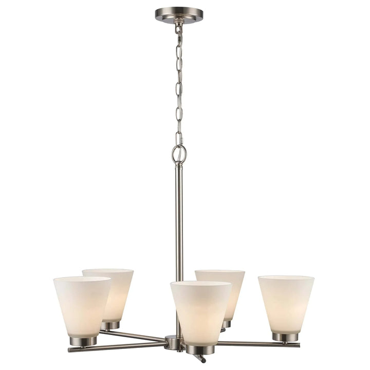 5-light brushed nickel chandelier with frosted glass shades for modern dining room lighting