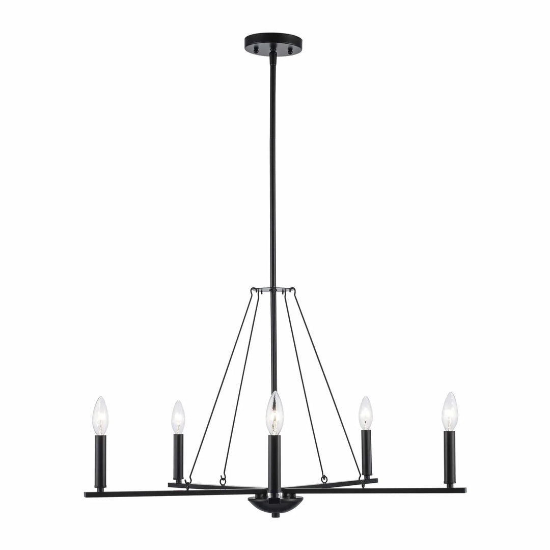 Five light black candelabra chandelier with thin spiral arms for modern dining room or entryway lighting