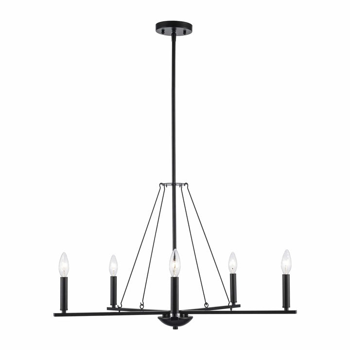 Five light black candelabra chandelier with thin spiral arms for modern dining room or entryway lighting