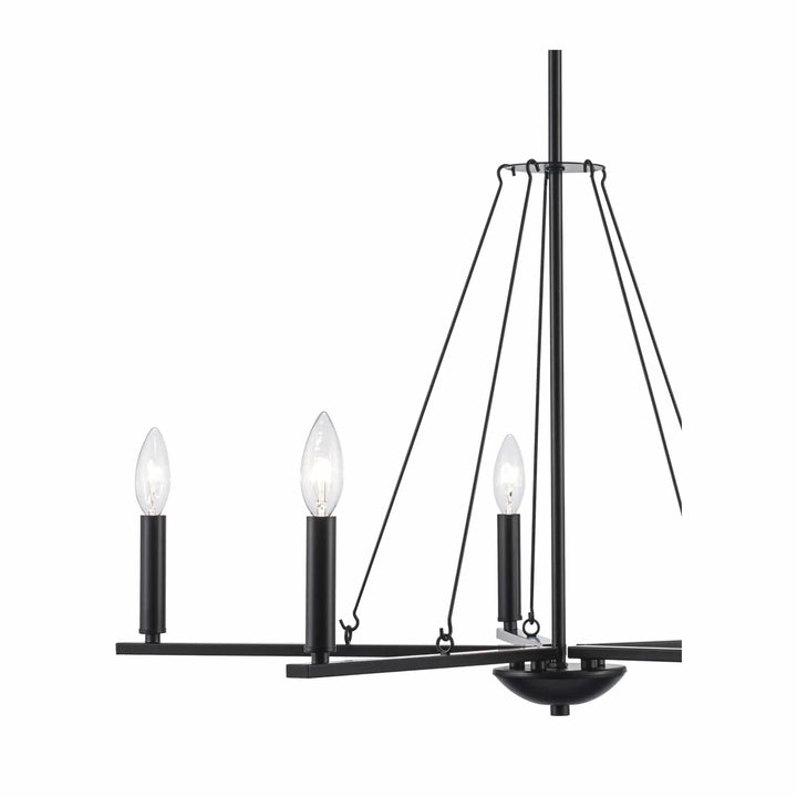 Black modern candelabra chandelier with five candle-style lights for dining room or entryway lighting