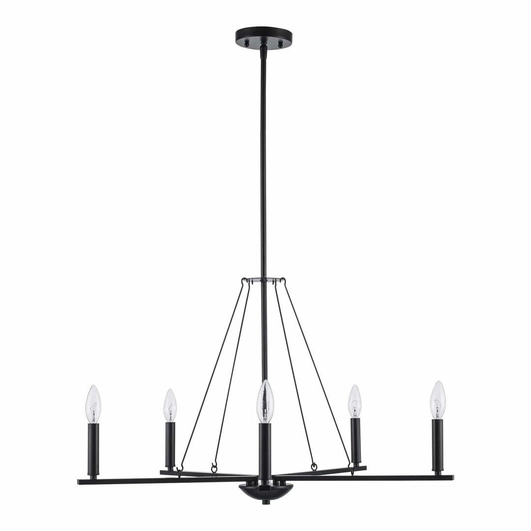 Black 5-light candelabra chandelier with thin spiral arms for modern dining room or entryway lighting