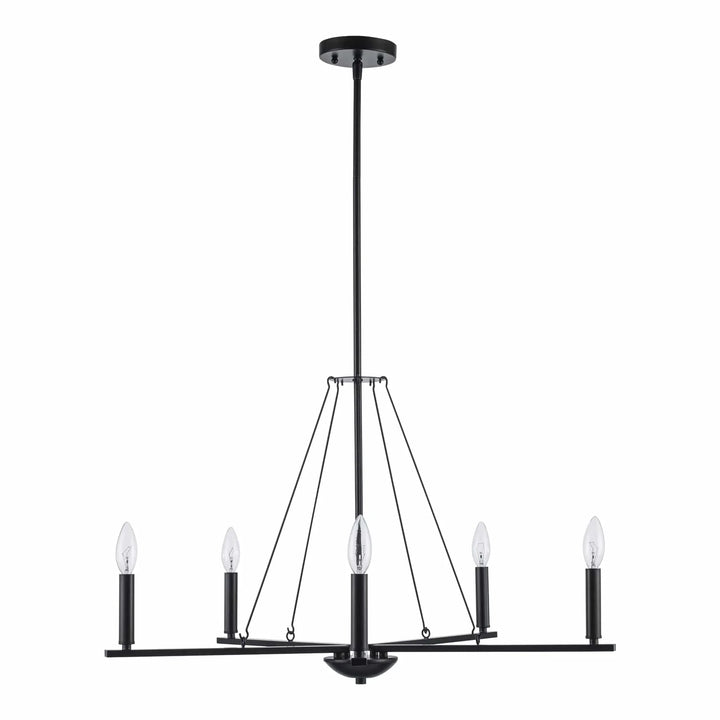 Black 5-light candelabra chandelier with thin spiral arms for modern dining room or entryway lighting