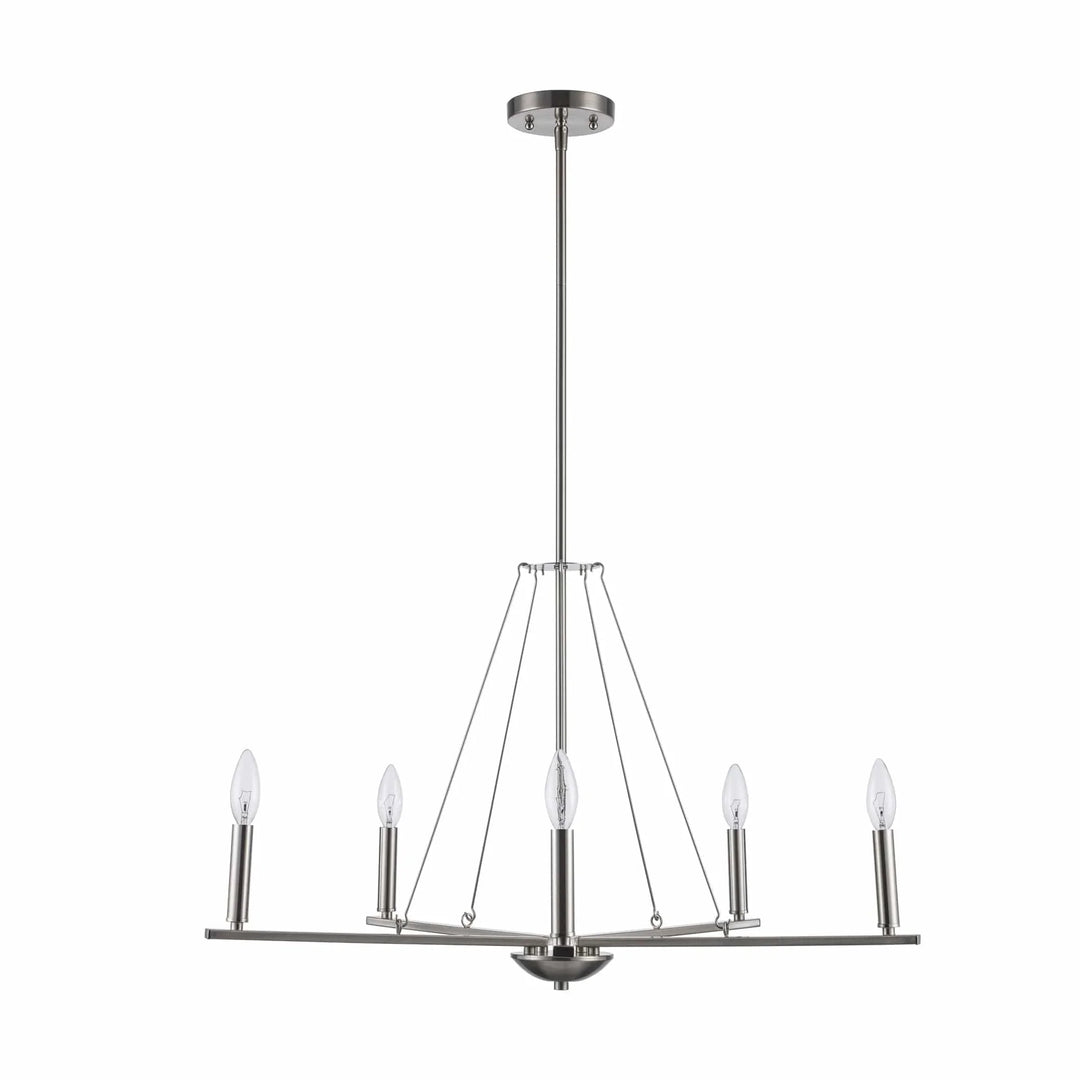 Modern 5-light brushed nickel chandelier with candelabra bulbs for dining room or entryway lighting