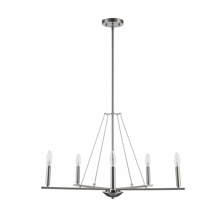 Modern 5-light brushed nickel chandelier with candelabra bulbs for dining room or entryway lighting