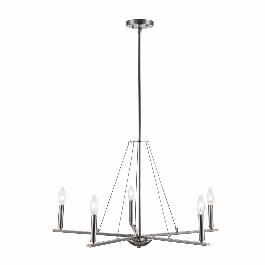 Modern 5-light brushed nickel chandelier with candelabra bulbs for dining room or entryway lighting
