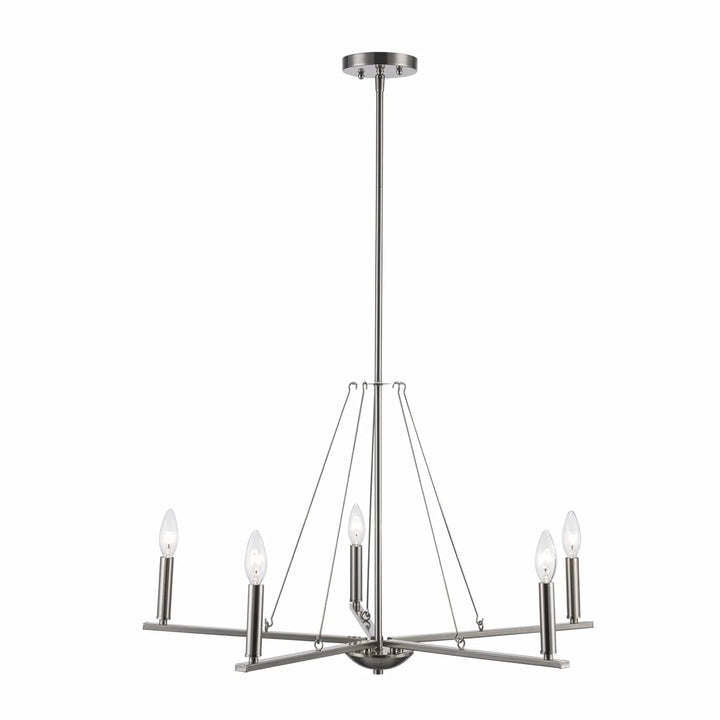 Modern 5-light brushed nickel chandelier with candelabra bulbs for dining room or entryway lighting