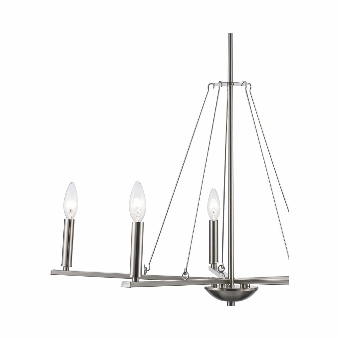 Modern brushed nickel candelabra chandelier with five exposed bulbs for dining room lighting