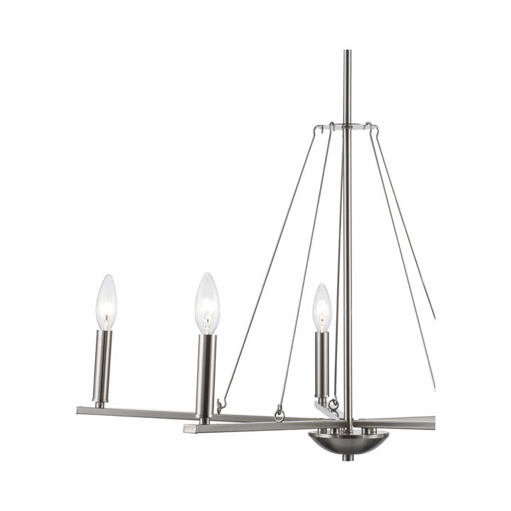 Modern brushed nickel candelabra chandelier with five exposed bulbs for dining room lighting