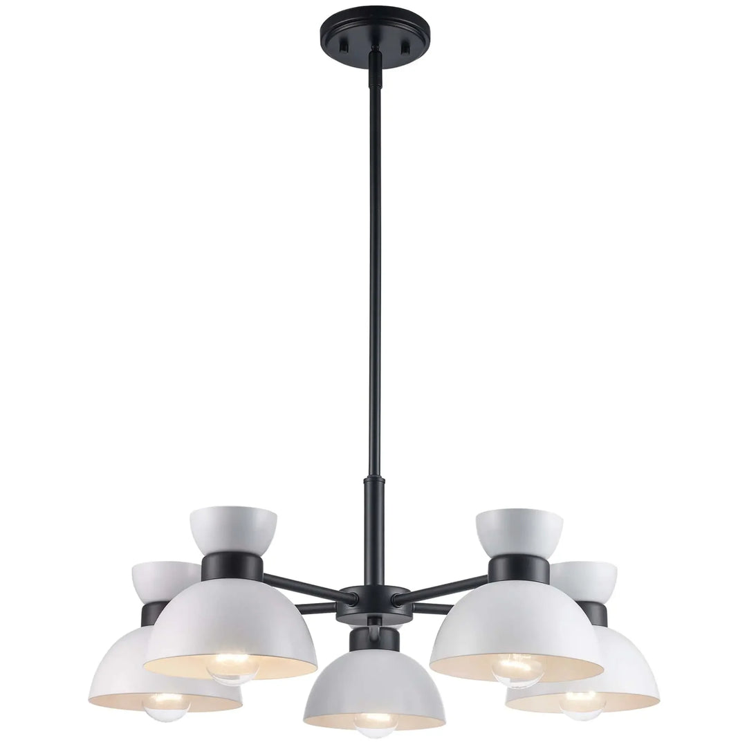 Modern 5-light chandelier with black frame and white shades for dining room or living space lighting