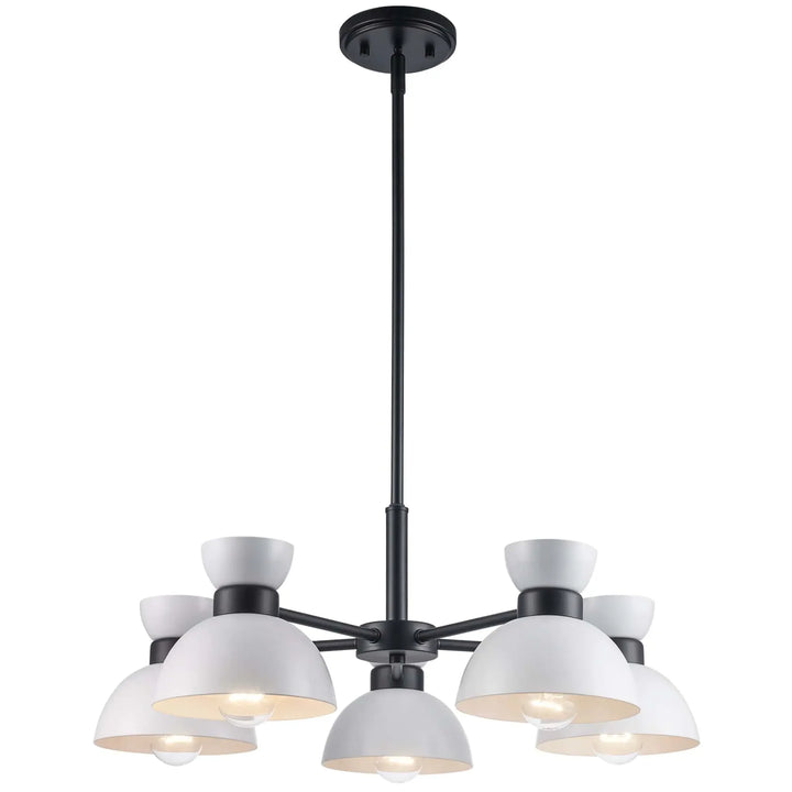 Modern 5-light chandelier with black frame and white shades for dining room or living space lighting