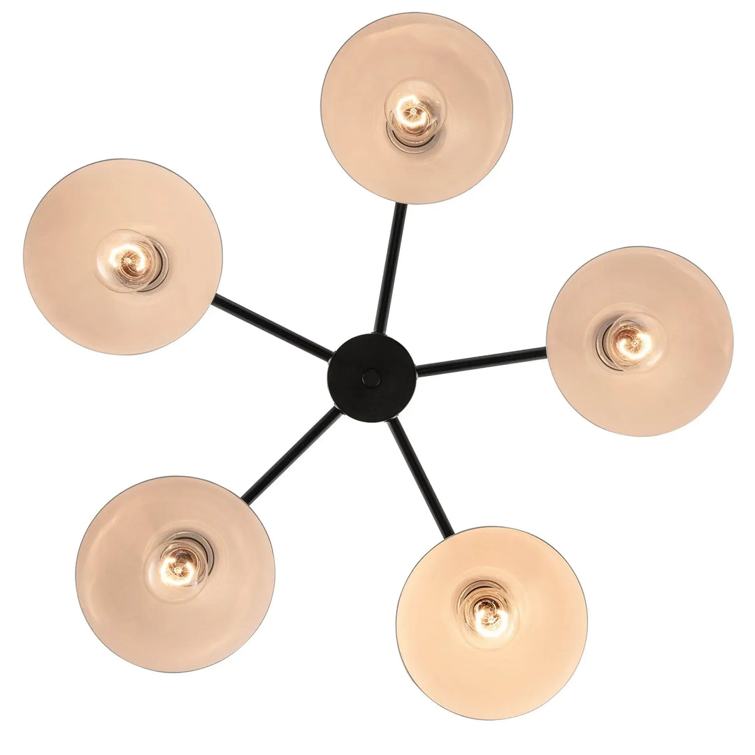 Modern 5-light chandelier with black arms and white glass shades for living room lighting