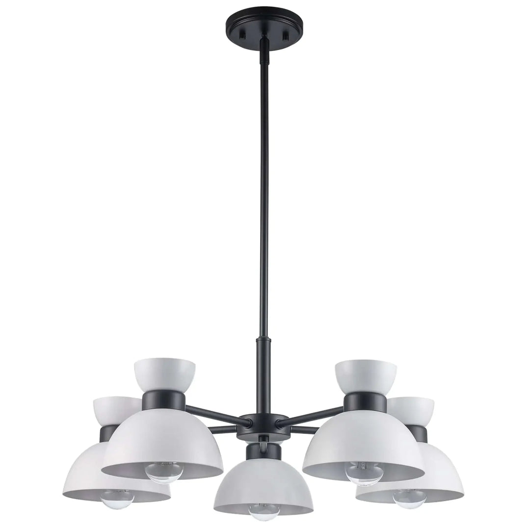 Modern 5-light chandelier with white and black dome shades for dining room or living area lighting