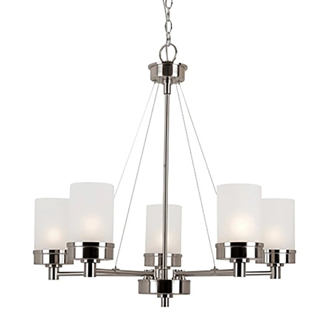 5-light single tier chandelier with frosted glass shades for modern dining or living room lighting