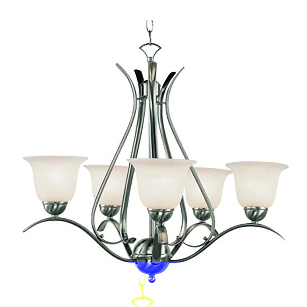 Five-light brushed nickel chandelier with frosted glass shades for dining room or entryway lighting