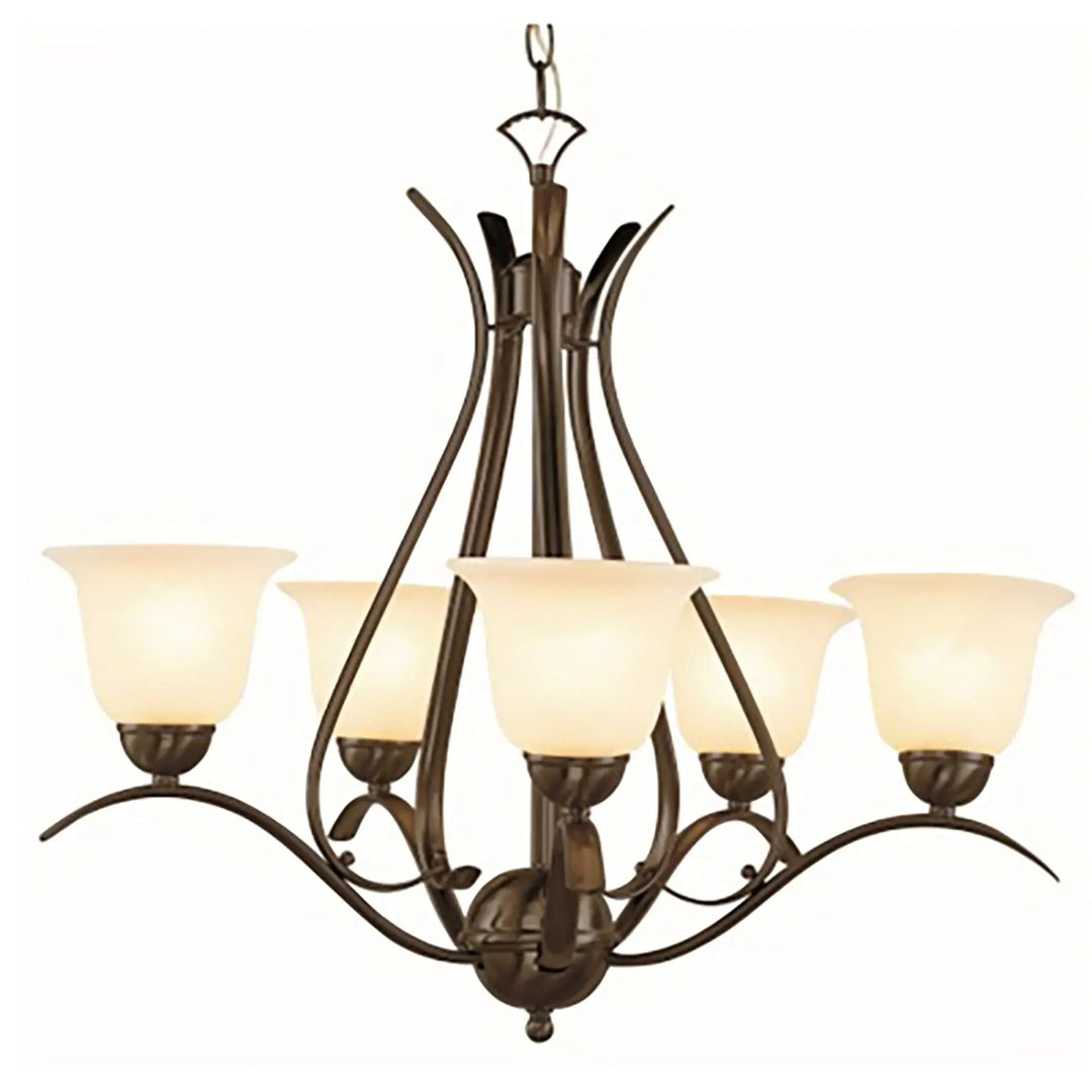Five-light chandelier with frosted bell glass shades and oil bronze finish for dining room lighting
