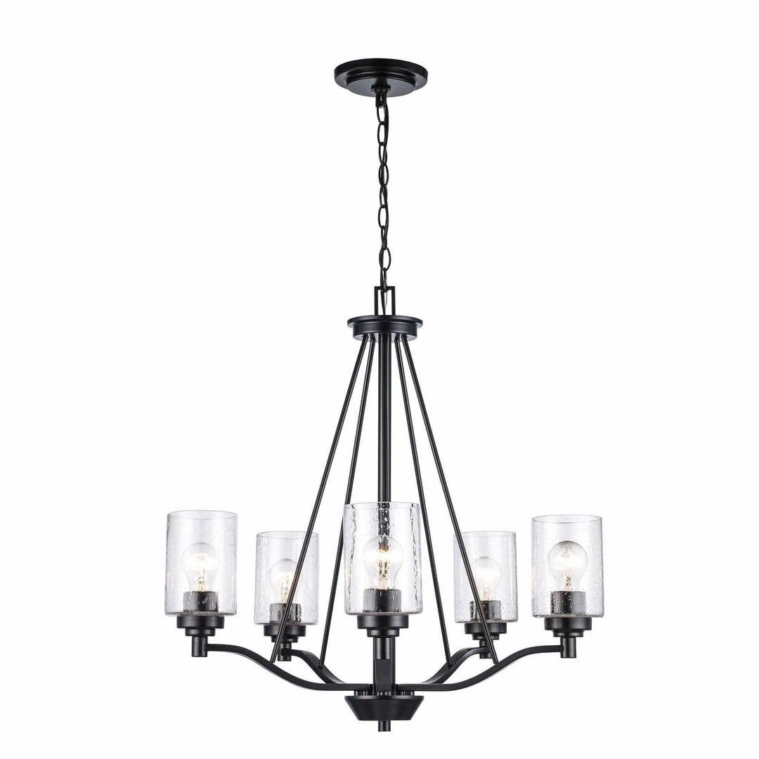 5-light black chandelier with clear glass shades for modern dining room or entryway lighting