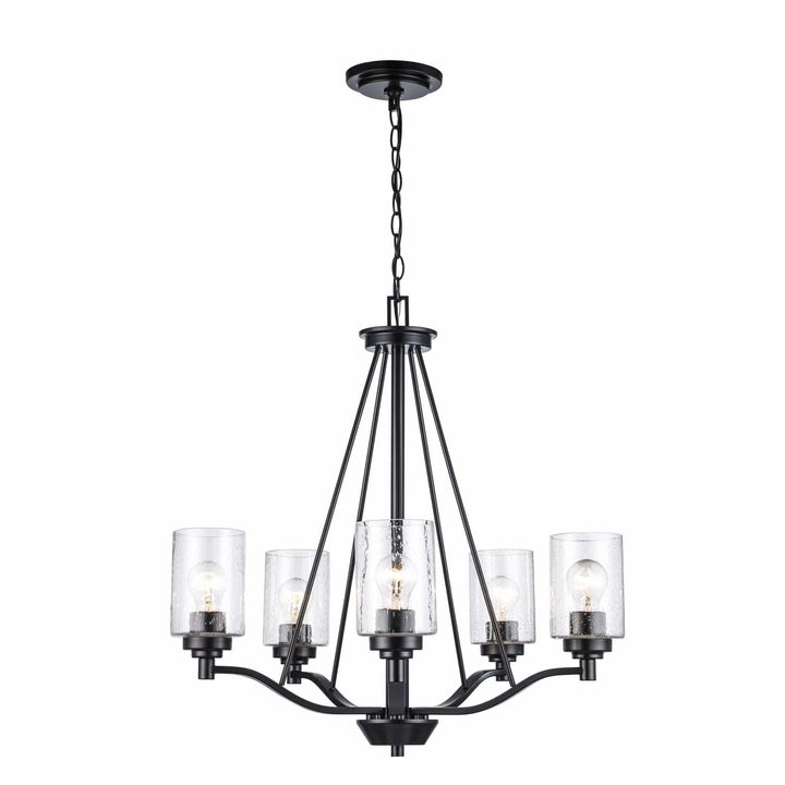 5-light black chandelier with clear glass shades for modern dining room or entryway lighting