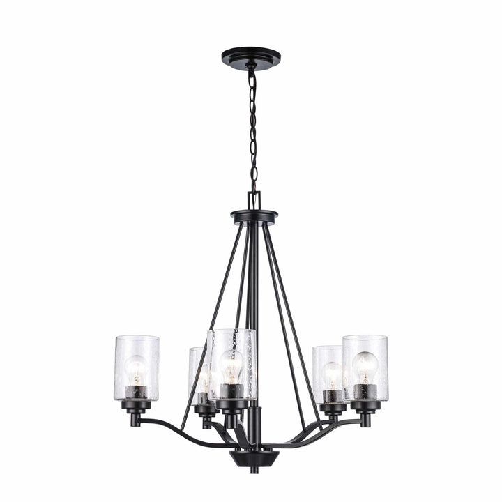 Five-light black chandelier with clear glass shades for modern dining room or entryway lighting