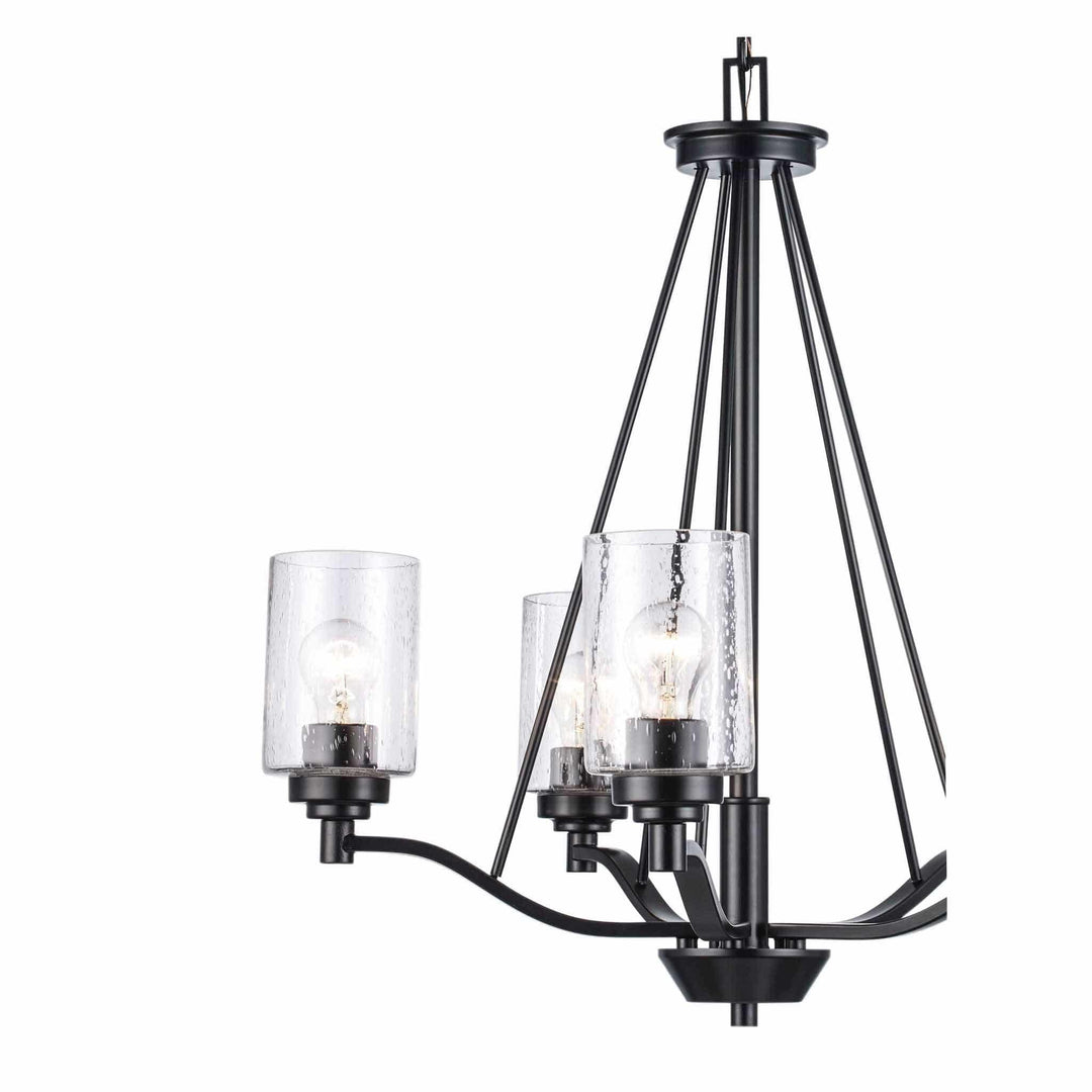 5-light black chandelier with clear glass shades for modern home dining room or entryway lighting