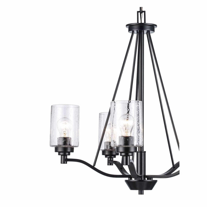 5-light black chandelier with clear glass shades for modern home dining room or entryway lighting