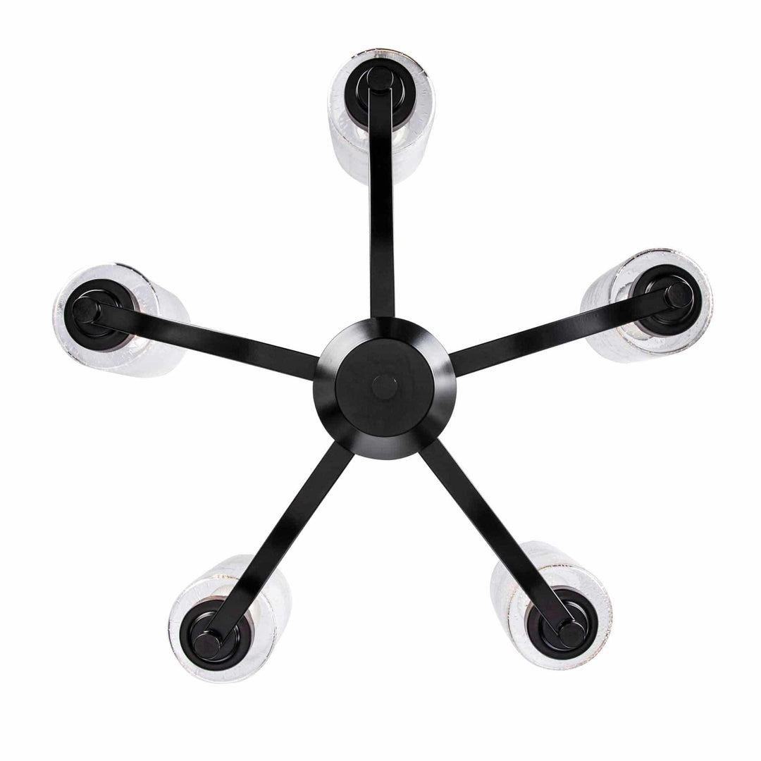Five-light black glass chandelier with modern arms for living room or dining area ceiling lighting