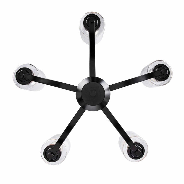 Five-light black glass chandelier with modern arms for living room or dining area ceiling lighting