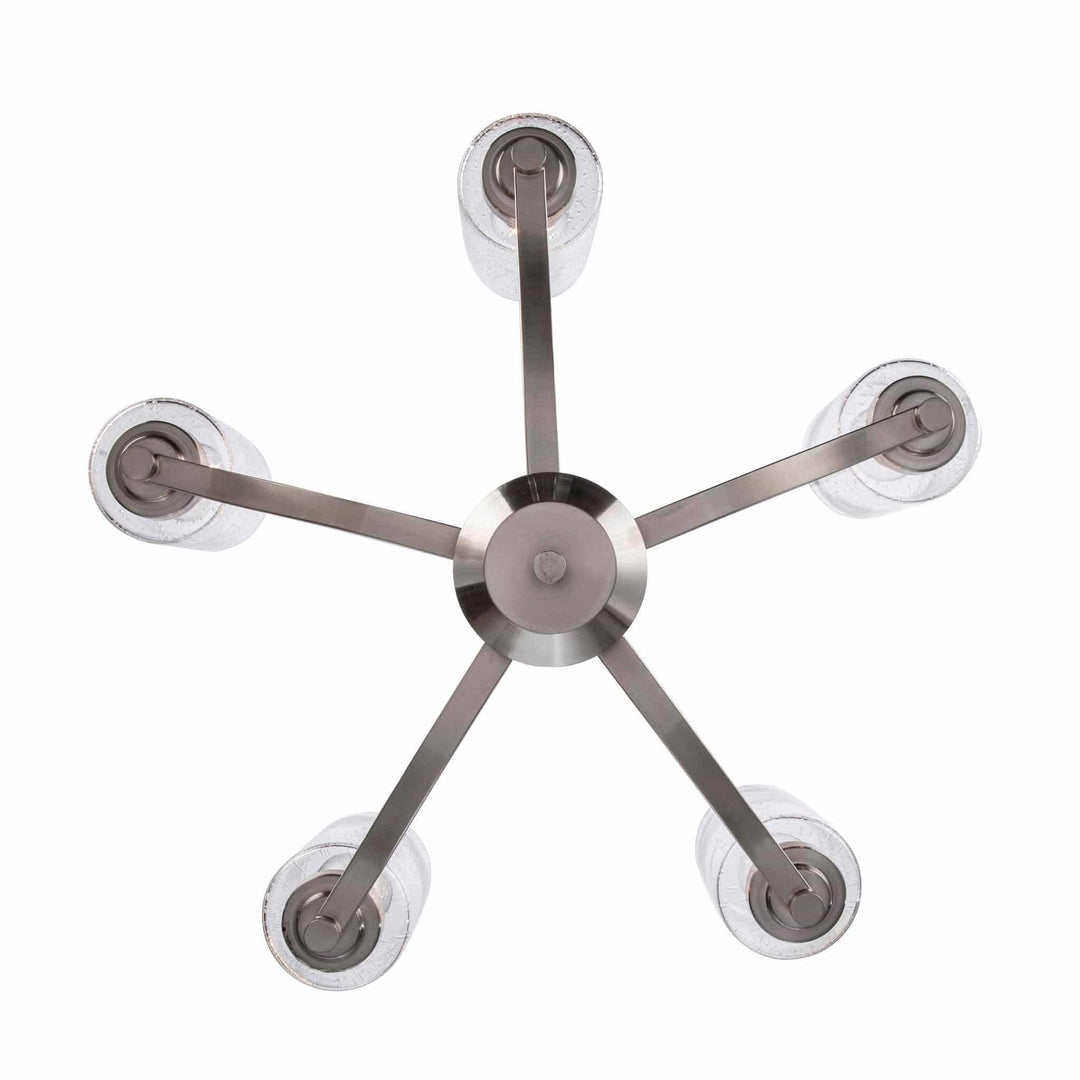 Modern 5-light brushed nickel chandelier with clear glass shades for living room or dining area
