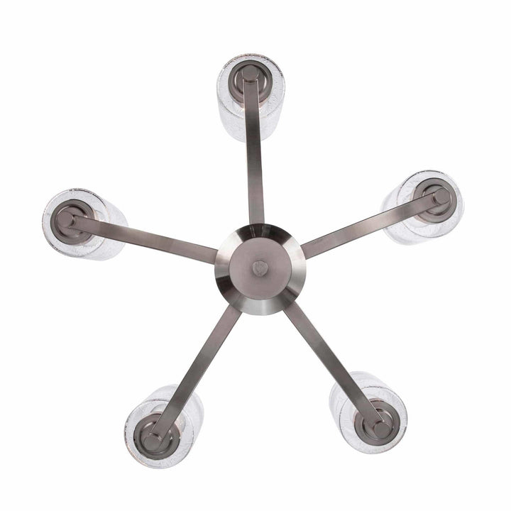 Modern 5-light brushed nickel chandelier with clear glass shades for living room or dining area