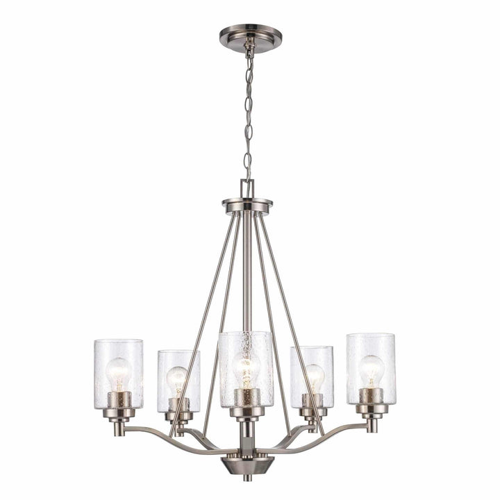 five-light brushed nickel chandelier with clear glass shades for dining room or entryway lighting